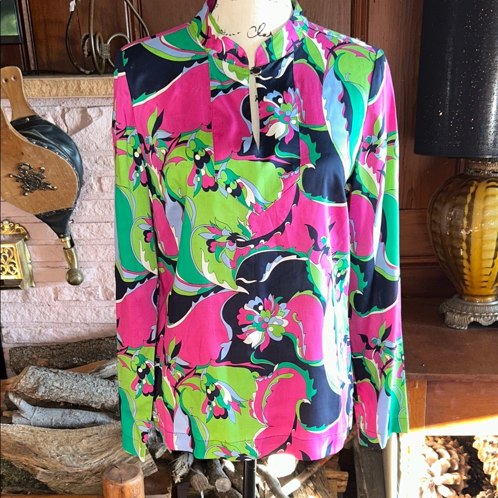 TALBOTS Vibrant Floral Blouse, Long- Sleeve, Mandarin Collar, sz 6